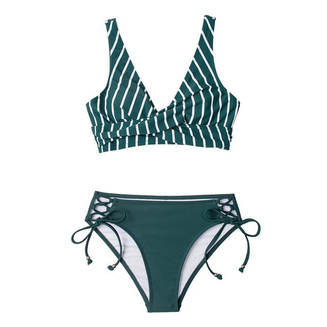 Yellow And Lemon Print Mid-Waist Bikini Swimsuit Lace Up Two Pieces Swimwear 2021 New Beach Bathing Suit